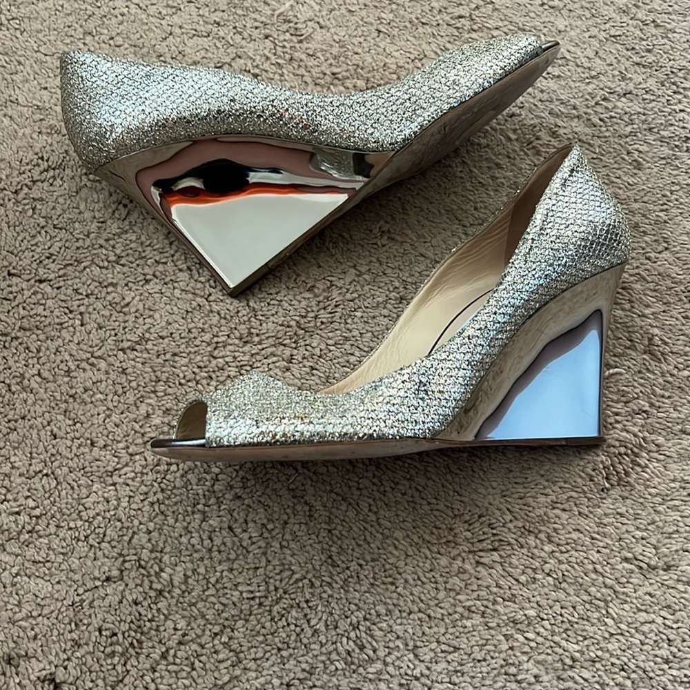 Jimmy Choo Baden Glitter fabric champagne mirrored Wedge Shoes